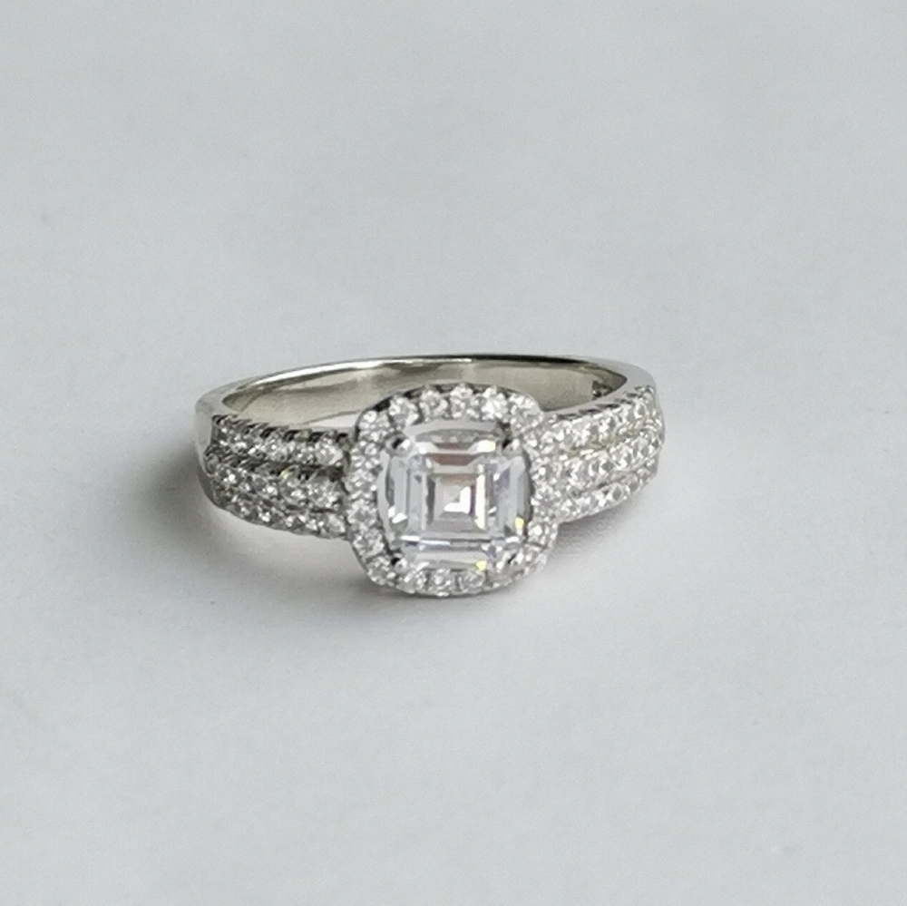Sterling Silver Emerald cut CZ Ring with Halo size 9